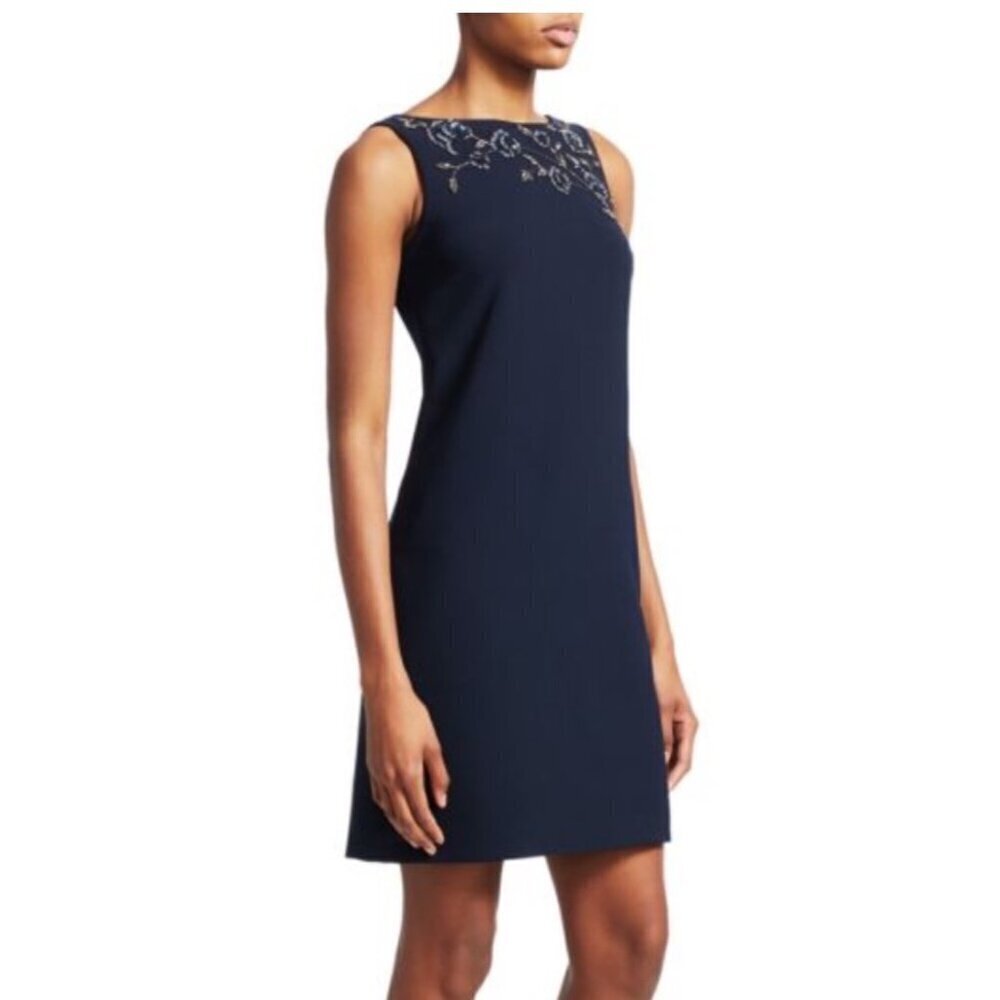 Theia Embellished Crepe Shift Dress Navy event guest formal elegant women’s 4
